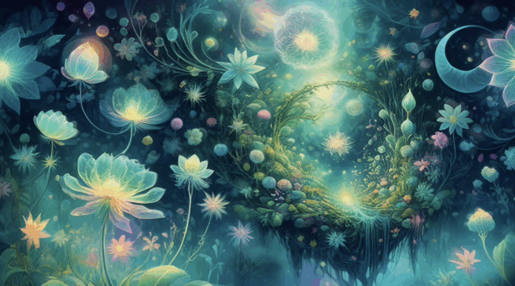 Translucent spheres containing flowers floating in a dreamlike sky.